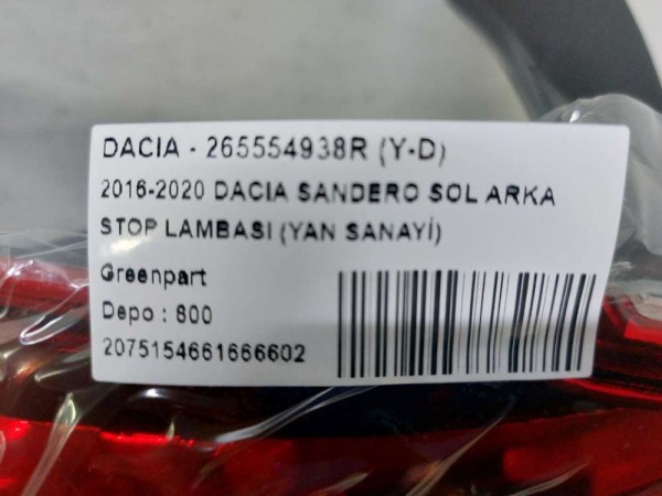 2016-2020 DACIA SANDERO SOL ARKA STOP LAMBASI (YAN SANAYİ)